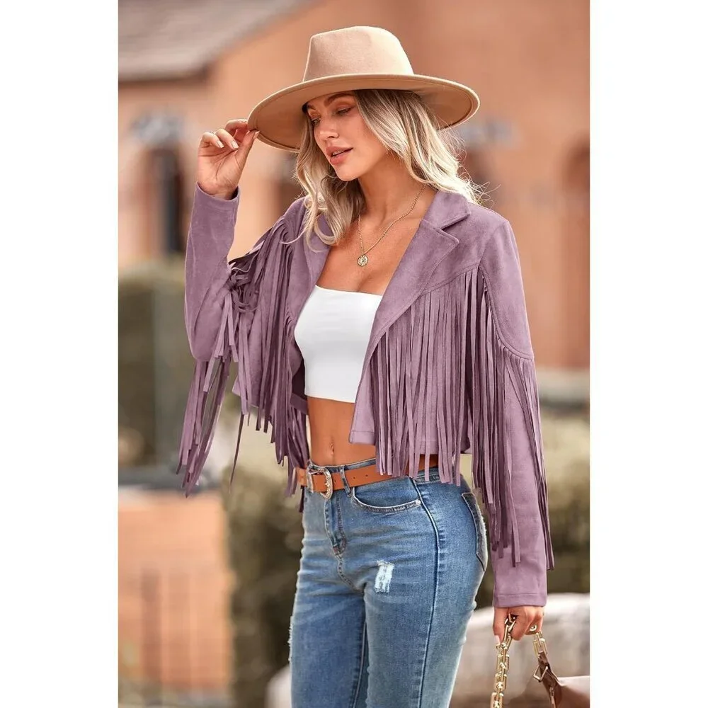 Women's Purple Fringe Faux Suede Leather Tassel Motorcycle Cropped Jackets - Picture 7 of 9